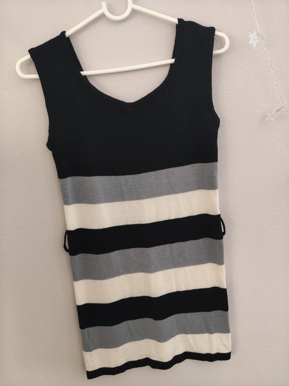 Striped Knit Sleeveless Dress in Black, Gray & Cream